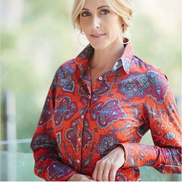 GEORG ROTH SHIRT BUTTON UP BREATHABLE COTTON PAISLEY SEQUINS BOHO CHIC LUXE XL - Picture 1 of 12